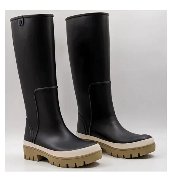 Tory Burch Hurricane Tall Lug Boot Perfect Black Rubber Boot Size 9 NEW